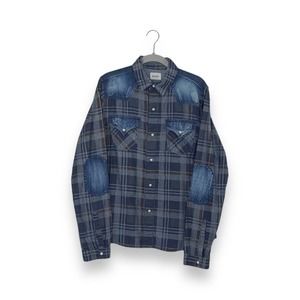 Hudson Jeans Distressed Blue Plaid Denim Mixed Media Elbow Patch Pearl Snap Top